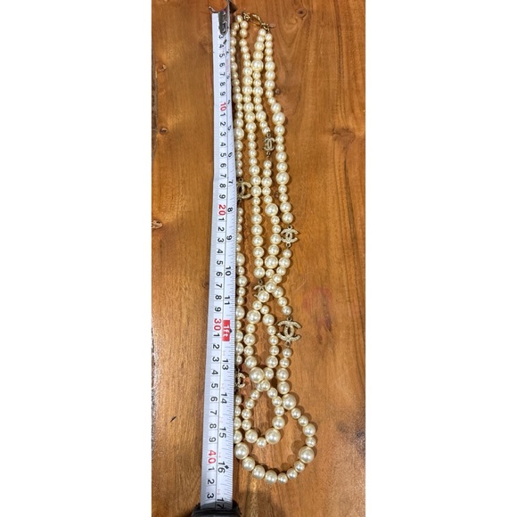 Chanel Faux Pearl & Strass CC Double Strand Rhinestone Logo Long Necklace - Picture 3 of 11